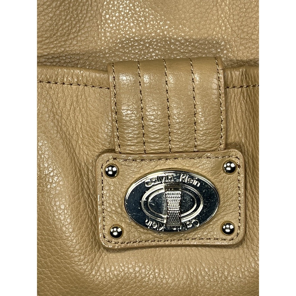 Calvin Klein Womens Leather Tote Purse Tan TurnLock Pocket Minimalist Half Chain - Picture 5 of 11